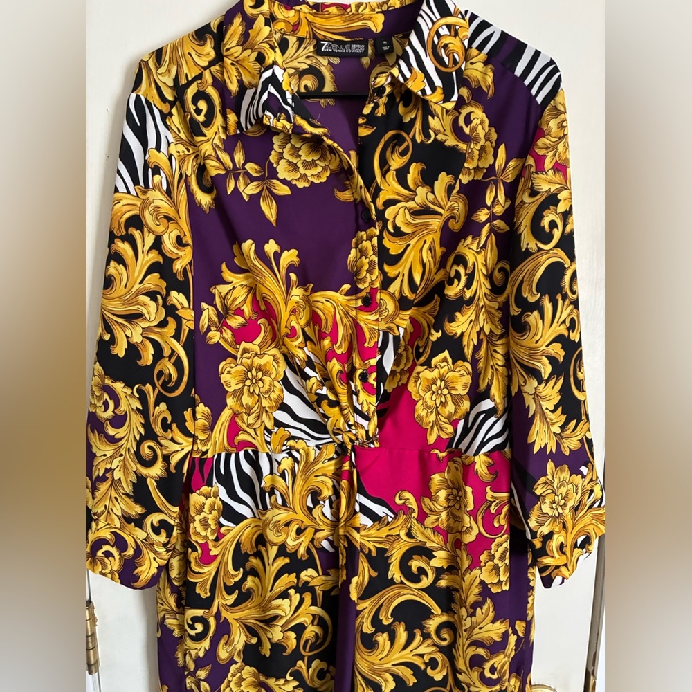 New York & Company Purple, Yellow & Black Baroque Print Maxi Dress - Picture 3 of 5